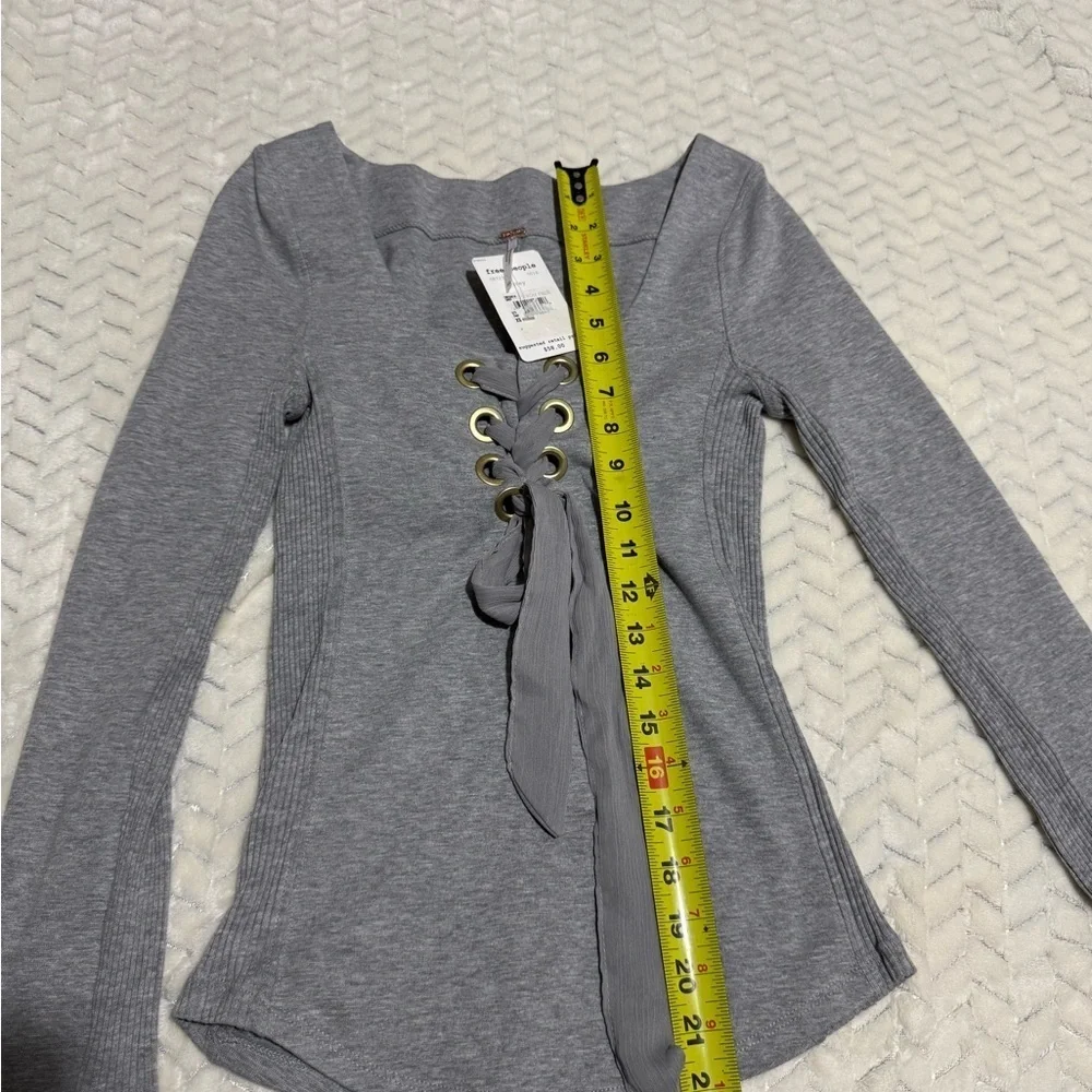 Free People Light Gray Lace-Up Long Sleeve Top